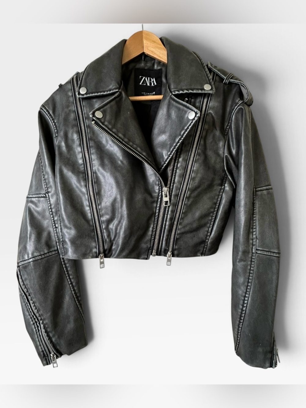 ZARA Faux Leather Cropped Biker Moto Jacket Faded Charcoal Grey Size XS